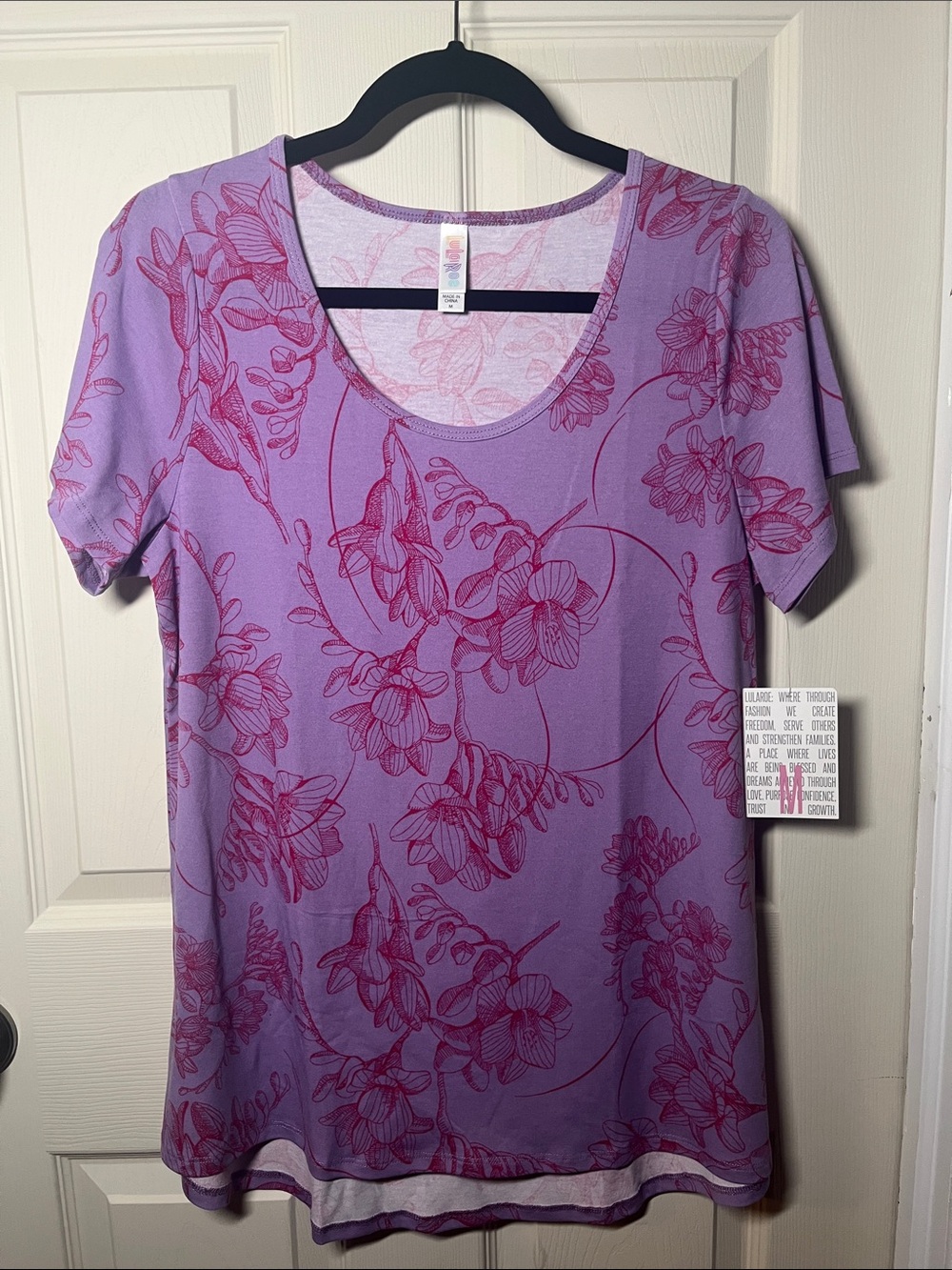 LuLaRoe Purple Scoop Neck Top with Pink Floral Print